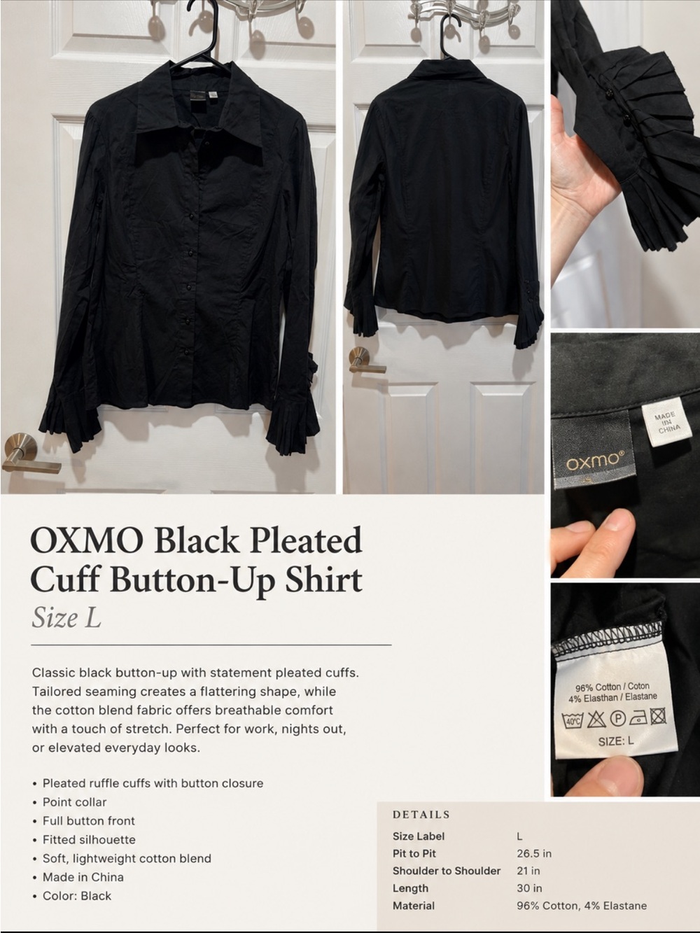Oxmo Cotton Ruffle Cuff Button Front Blouse Black Size L